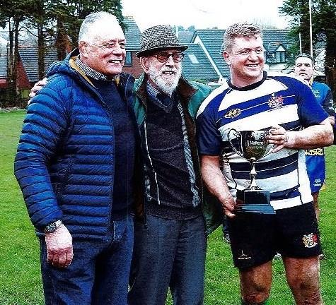 Pembs skipper Jack Mason with Quins legends Lenny Scourfield and the late Dennis Lloyd